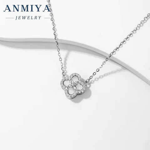 ANMIYA 925 Sterling Silver Fashion Zircon Plum Blossom Four Leaf Clover Silver Necklace for Bestfriend Jewelry Best Gift