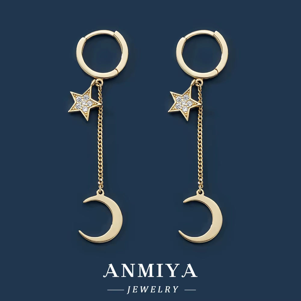 Topsale 18K Gold Plated 925 Sterling Silver Jewelry Fine Moon Star Dangle Pave Blue Zircon Hoop Tassel Chain Earrings