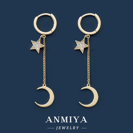 Topsale 18K Gold Plated 925 Sterling Silver Jewelry Fine Moon Star Dangle Pave Blue Zircon Hoop Tassel Chain Earrings
