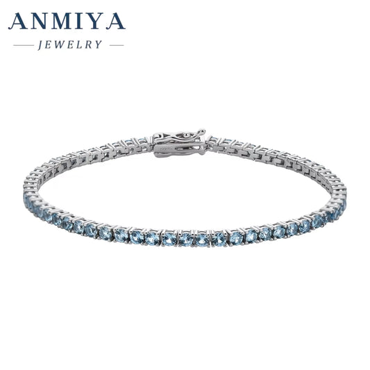 ANMIYA Custom Trendy 925 Silver Zircon Tennis Chain Bracelet Pink & Blue Iced CZ Bracelet Hip Hop Jewelry Gift Hand Chain