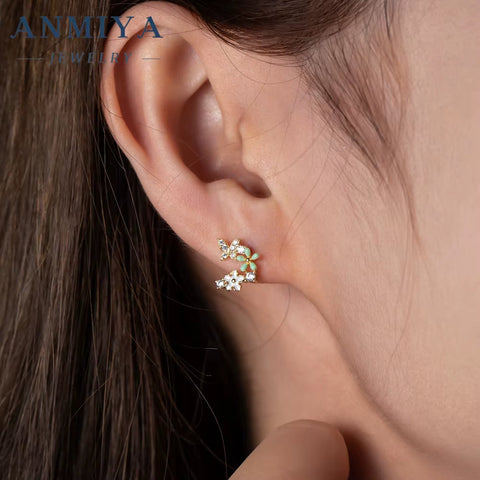 ANMIY Fine Designer Brand Fashion Butterfly Flower Shape Stud Earrings 925 Silver for Girl