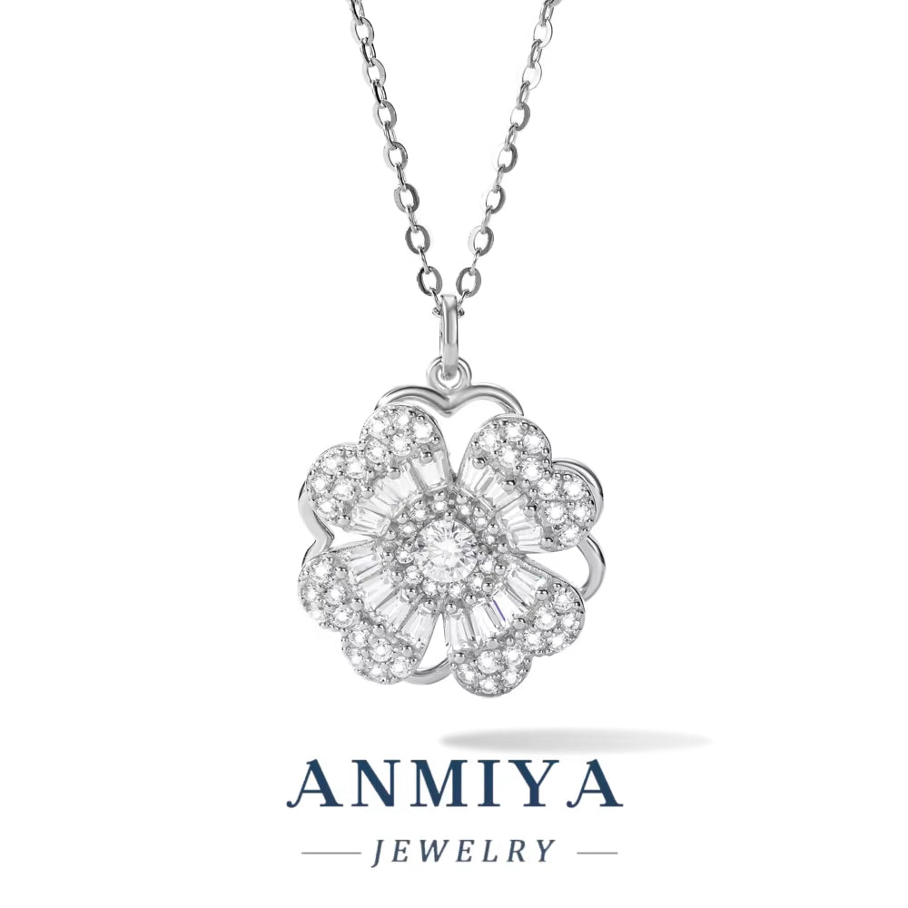 ANMIYA 925 Silver Gold-Plated Flower Pendant with Sparkling Zircon Bridal Jewellery with Certificate