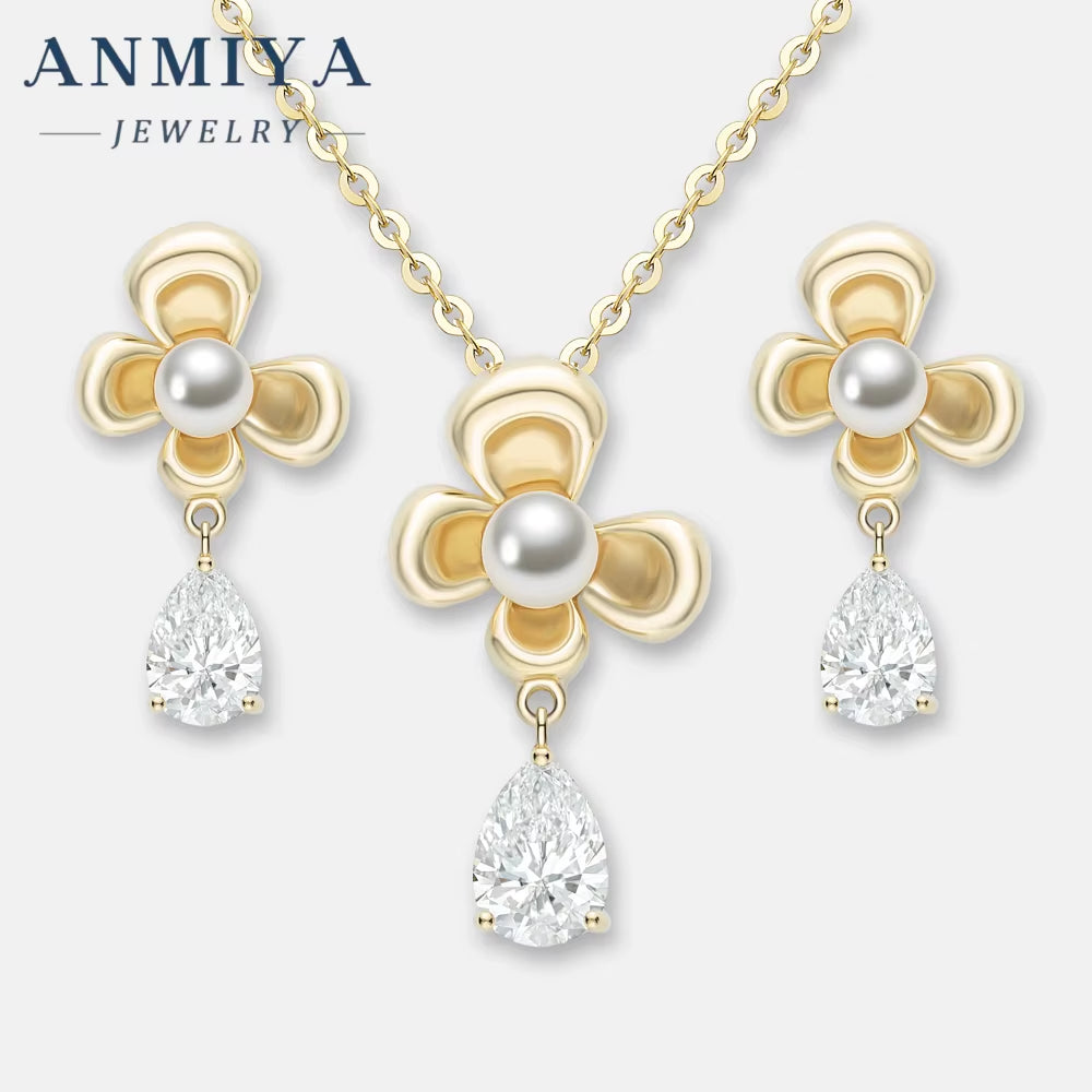 Hot Sale Fashion Jewellery Necklace Earrings Set Inlaid Zirconia Pearl Flower 925 Silver Stud Earrings Necklace for Women