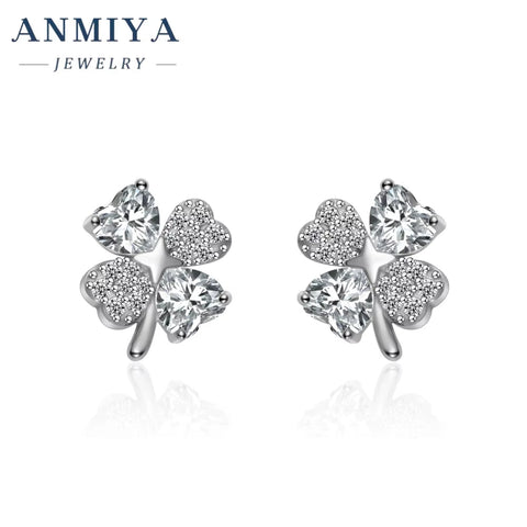 Luxury 925 Sterling Silver Diamond Zircon Flower Stud Earrings 18K Gold Plated Four Leaf Clover Earrings for Women