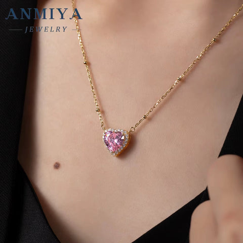 ANMIYA High Quality Pink Pear Ice Cut Heart Shape 925 Silver Jewelry Fashion Wholesale for Bestfriend Jewelry Girlfriend
