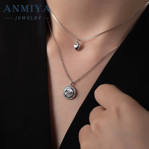 ANMIYA Unisex Accessory Jewelry Sterling 925 Multi-Layered 18K Gold Heart Zircon round Shape Trendy Necklace for Women