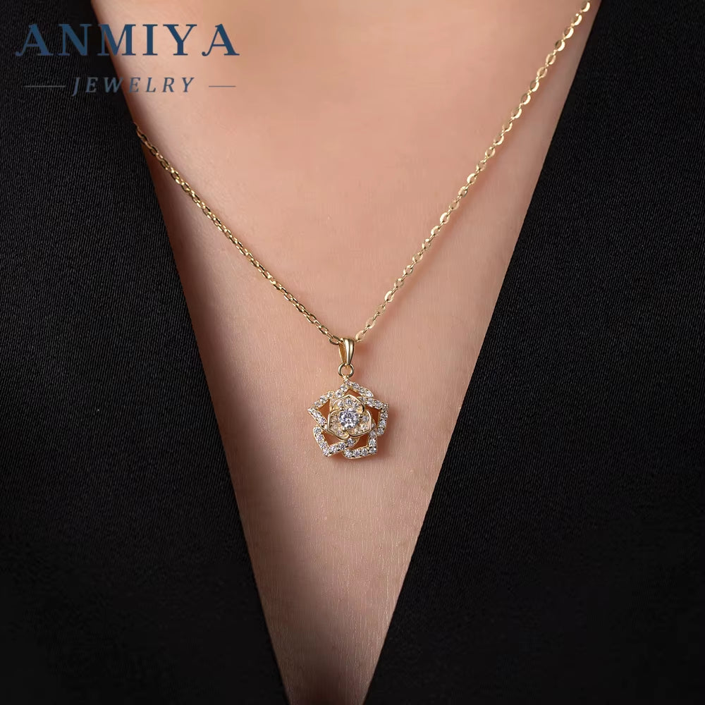Women White or Rose Gold Plated White Zircon Roses Flowers S925 Necklace and Earrings Set Dubai Gold Jewelry Set