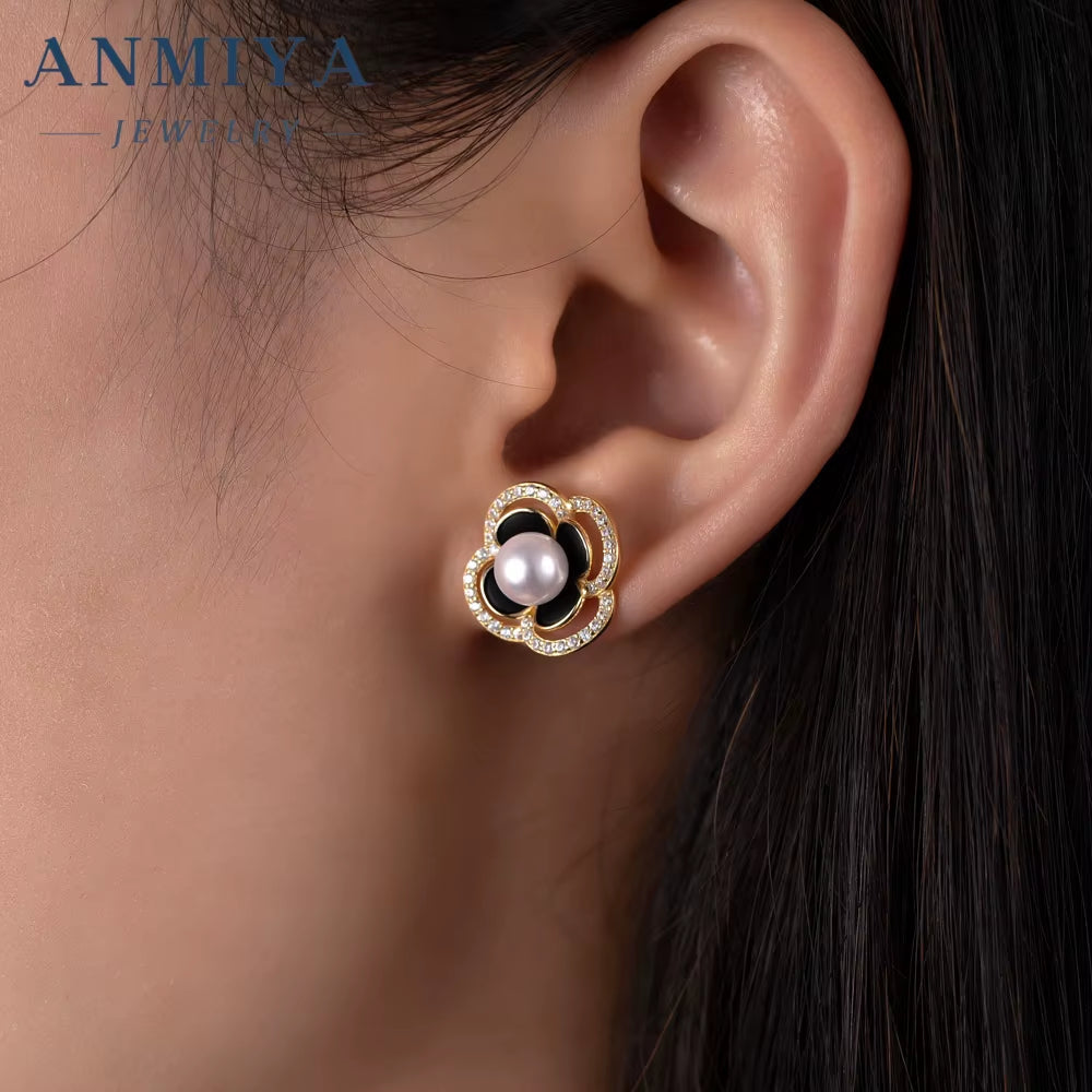 ANMIAY 18K Gold 4 Leaf Clover Flower Stud Classic Earrings Real Leaf Earrings Clover Stud 18K Gold 925 Silver Leaf Stud Earrings