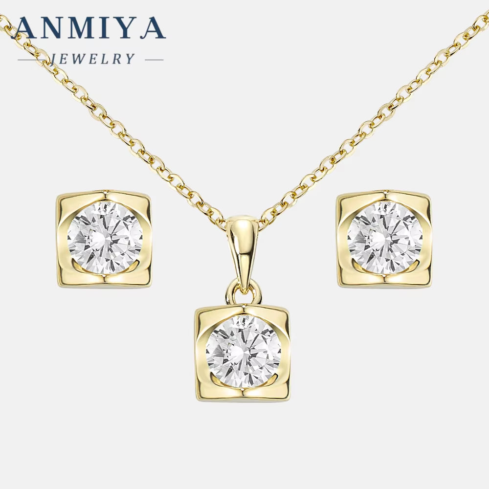 ANMIYA 2024 High Quality Square Zircon Pendant Necklace 925 Silver Zircon Crystal Earrings Necklace Set for Women