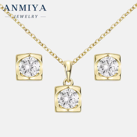 ANMIYA 2024 High Quality Square Zircon Pendant Necklace 925 Silver Zircon Crystal Earrings Necklace Set for Women