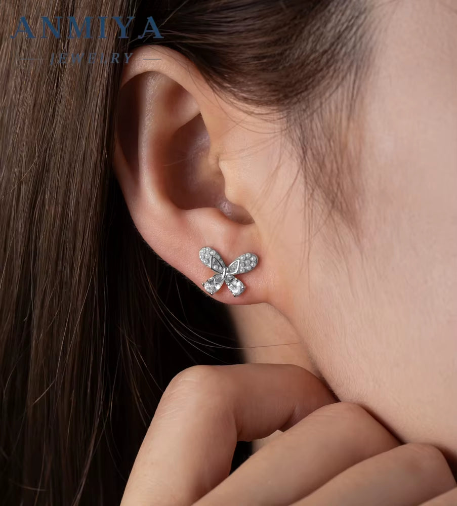 Wholesale 925 Sterling Silver Butterfly Stud Earrings 18K Gold Plated Zircon Cute Trendy Animal Jewelry Girls Gift Children