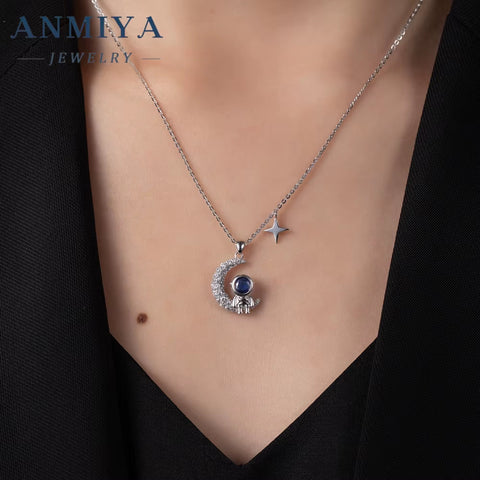ANMIYA Cute Space Astronaut 925 Silver Moon Star Sterling Silver Necklace for Women Men