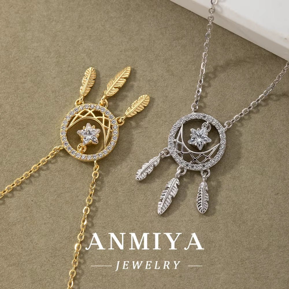 Dainty 925 Sterling Silver Micro Pave 18K Gold Plated Dreamcatcher Pendant Custom Necklace with Cubic Zirconia Link Chain