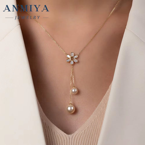 ANMIYA Women'S Long Tassel Pearl Zircon Flower Necklace Silver Plated 925 Silver Chain Style for Wedding Engagement