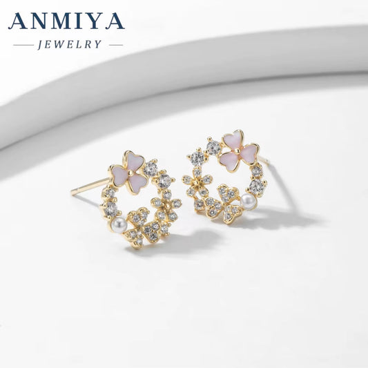 Summer Fancy Garland Pink Clover Pearl Zircon Ins Hot Sale 925 Silver Earrings for Gift