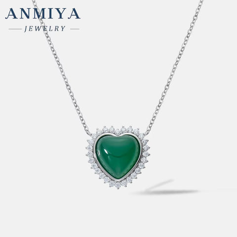 ANMIYA Fashion Chic CZ Zircon Green and White Chalcedony Heart Pendant S925 Silver Chain Necklace for Women