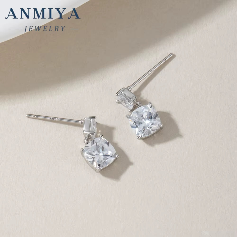 ANMIYA Square Cut 925 Silver Cubic Zirconia Dangle Stud Earings Jewelry Women 925 Silver Gift Earrings for Women