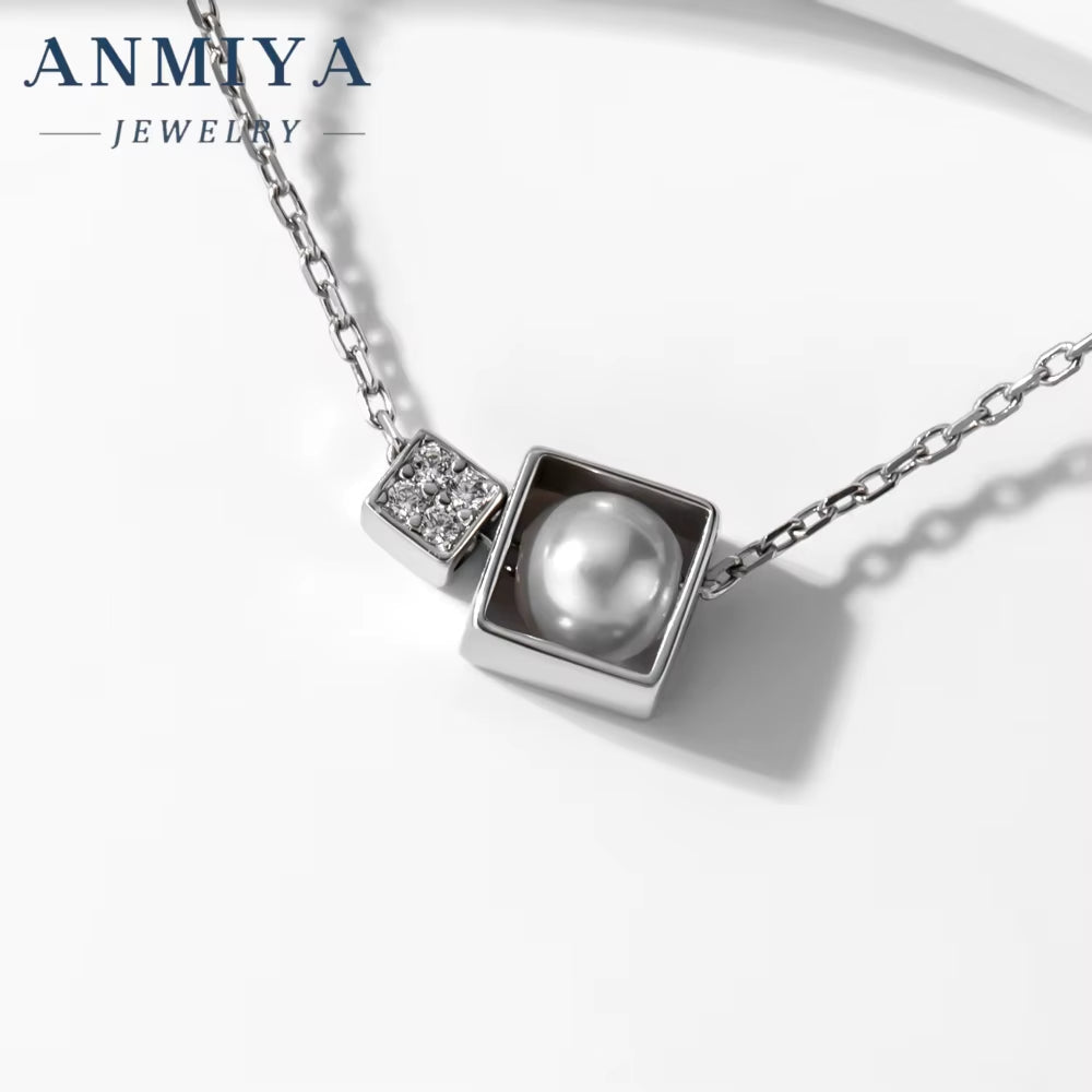 Dainty Sterling Silver Inlaid Square Fresh Water Pearls 925 Sterling Silver Necklace for Women Girls