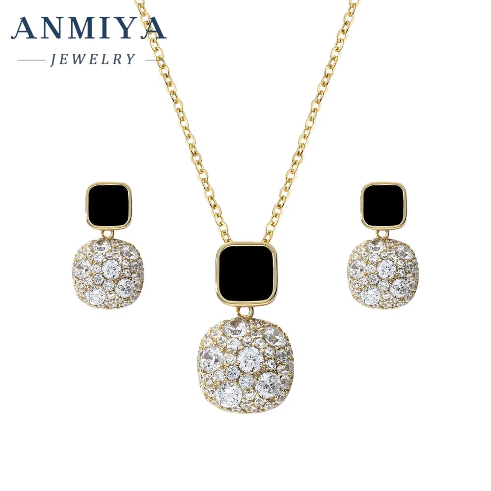 Women Earrings Black Zircon Necklace Rings Sets Square Pendant Necklaces Luxury Wedding Jewelry Set
