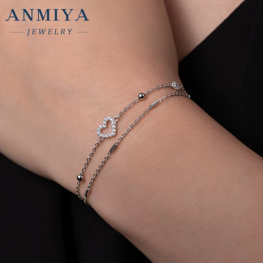 925 Sterling Silver Sparkling Heart Double Layer Bracelet for Women Adjustable Lock Chain Bracelet Fine Jewelry Gift