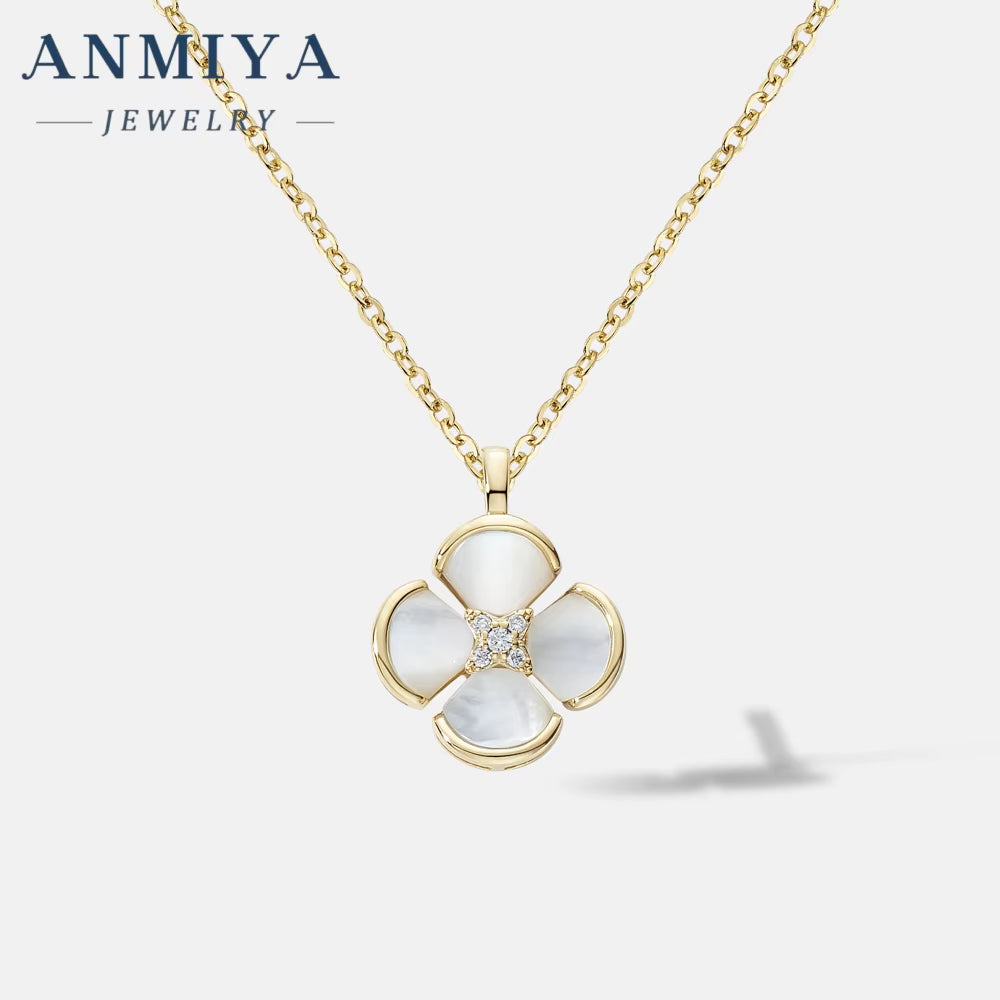ANMIYA Fashion Charm High Quality 925 Silver Design Four Leaf Clover White Shell Necklace with Certificate