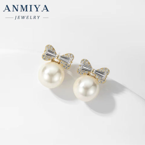 ANMIYA Gold Plated Bowknot Stud Earrings Pearl Festive Earring for Women Girls Christmas Jewelry Gifts