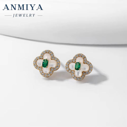 Customized Elegant New Tide Green Zircon Four Leaf Clover Necklace and Earrings Sets 925 Silver for Women