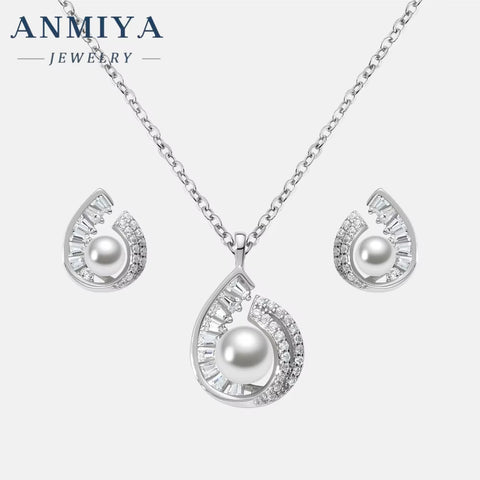 ANMIYA Water Resistant Plated Gold Jewelry Water Drop Shape Fresh Water Pearl 925 Silver Earrings Set Necklace