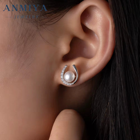 ANMIYA Minimalist Elegant U Shape Zircon Fresh Water Pearl Stud Earrings 925 Silver Baroque Pearl Earrings for Womens
