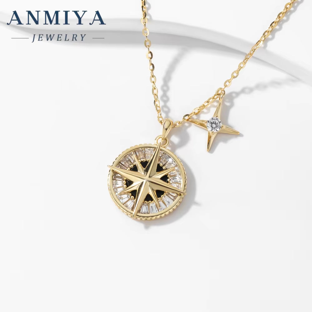 Unique Designed 925 Sterling Silver Pave round Cubic Zirconia CZ Ladies Compass Pendant Necklace