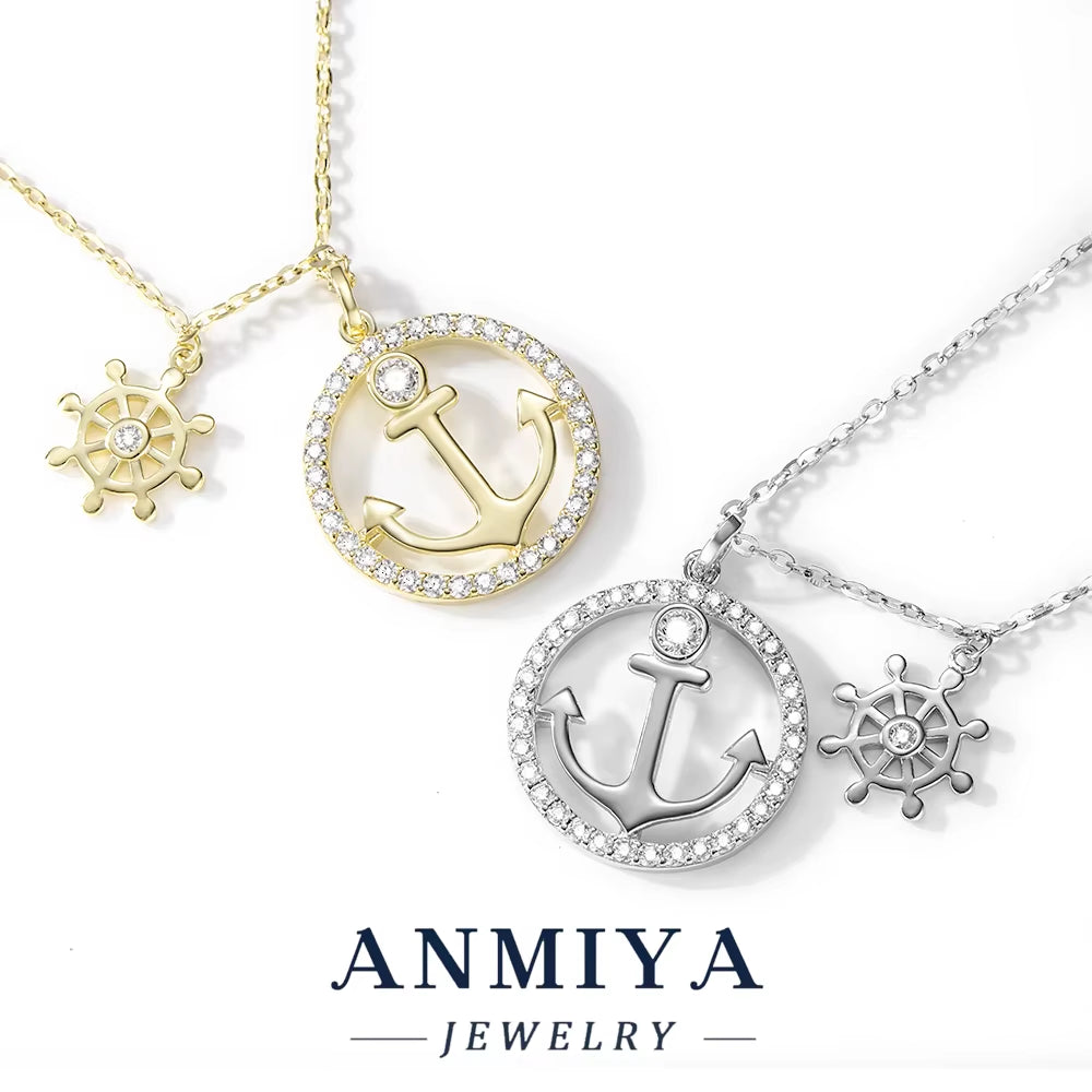 925 Sterling Silver 18K Gold Plated Anchor and Ship Wheel Pendant with Cubic Zirconia Nautical-Inspired Jewelry Necklace