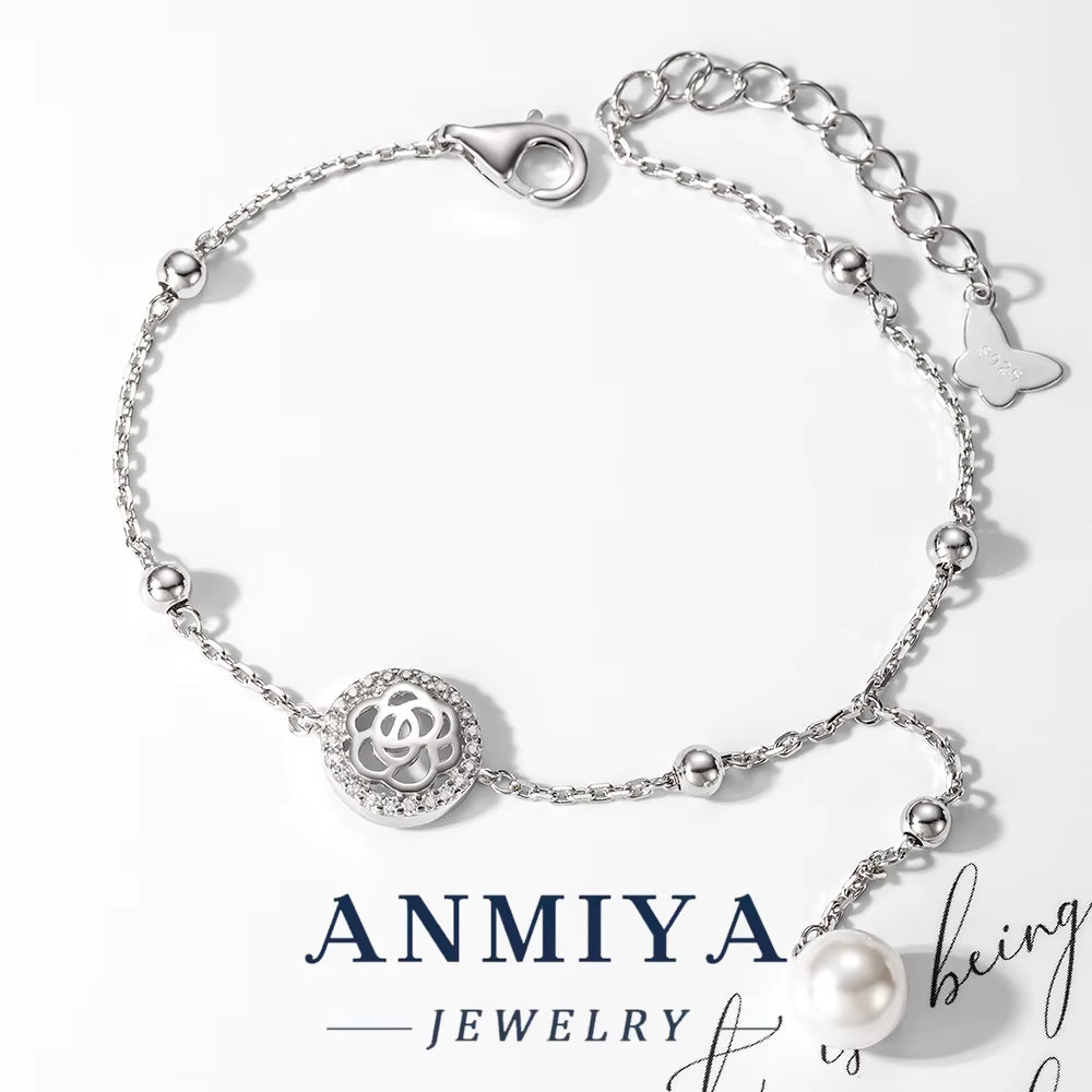 Antique Silver Jewelry Clover Bracelet, Bead Accents & Flower Cutouts, Pearl Tassel Charms for Evening Events