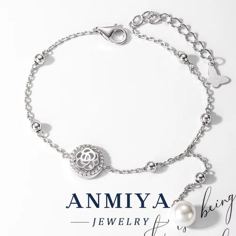 Antique Silver Jewelry Clover Bracelet, Bead Accents & Flower Cutouts, Pearl Tassel Charms for Evening Events