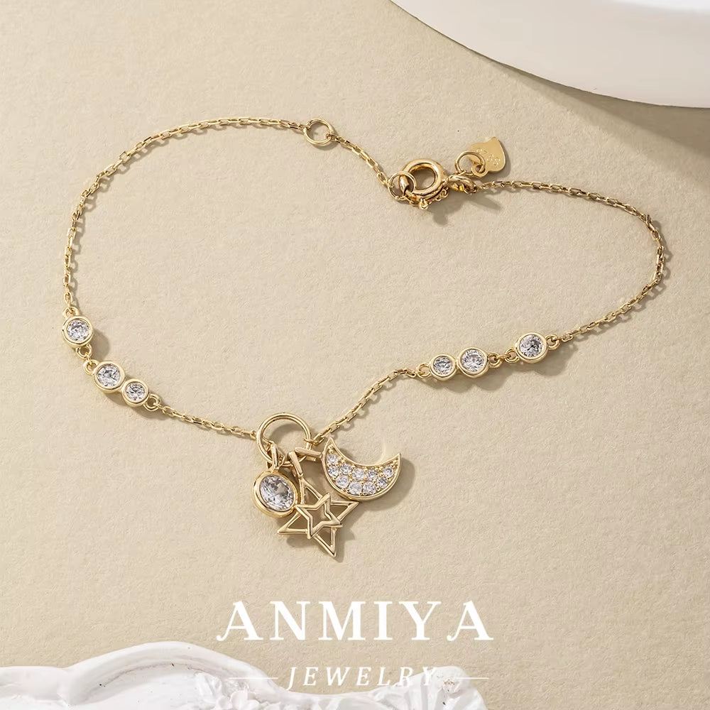ANMIYA Factory Wholesale 925 Sterling Silver Moon and Star Zircon Hand Chain Bracelets for Women Jewelry