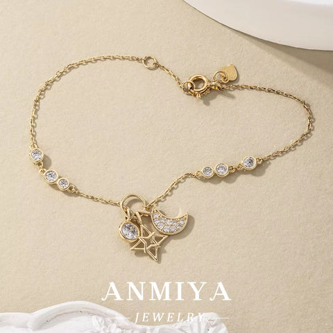 ANMIYA Factory Wholesale 925 Sterling Silver Moon and Star Zircon Hand Chain Bracelets for Women Jewelry