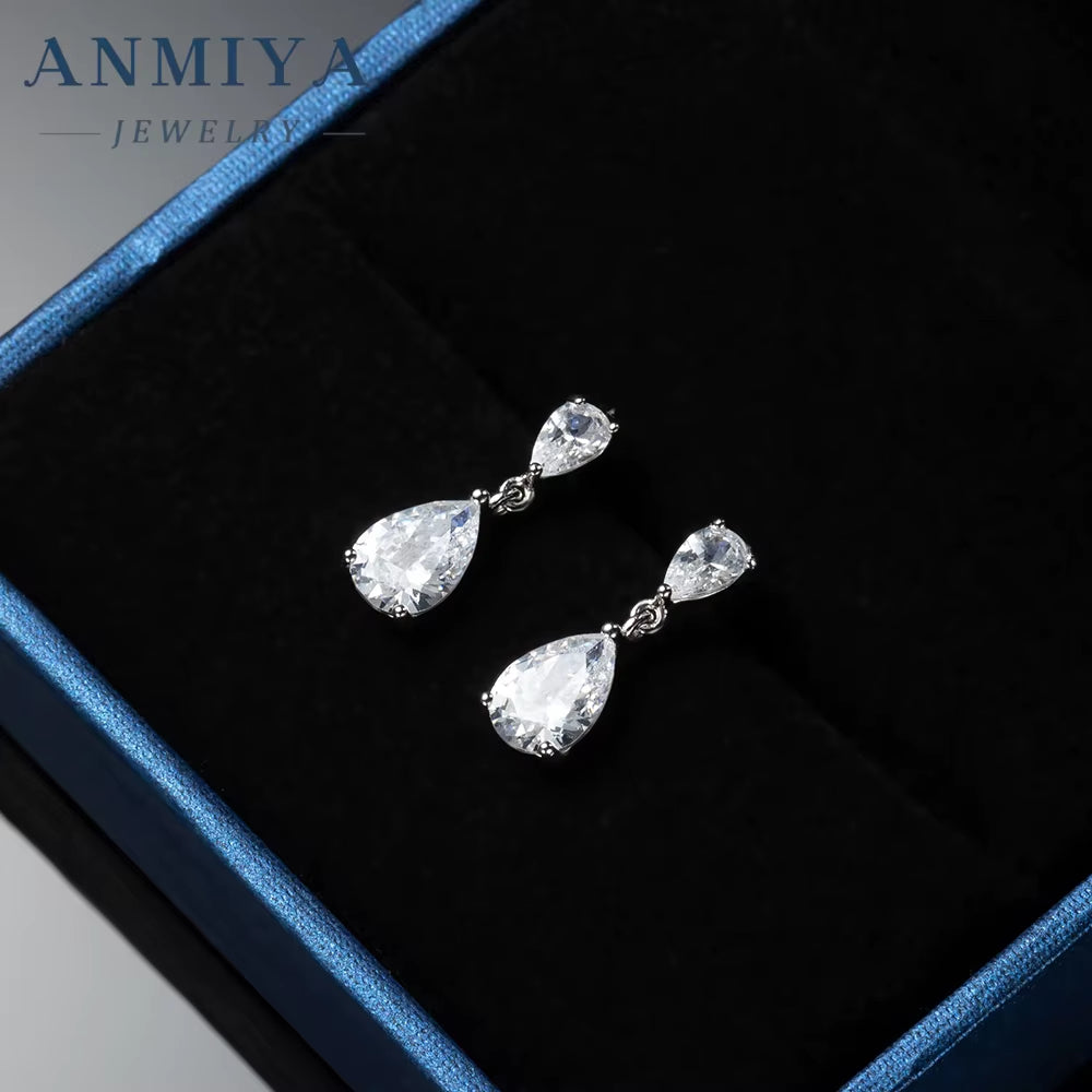 Shiny White Cubic Zirconia Water Drop Earrings for Brides Wedding Evening Party Costume Jewelry Accessories Rhodium Plated