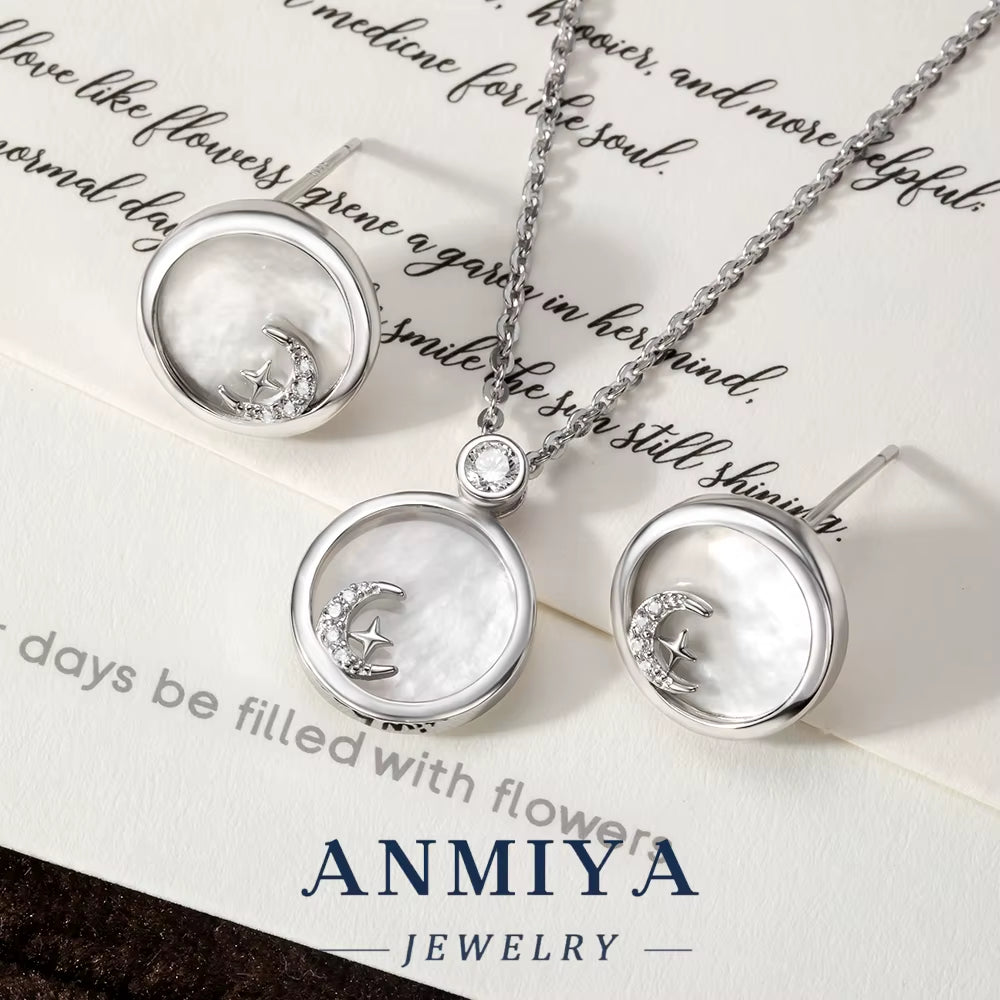 Classic Silver 925 Jewelry Set with White Shell Accents Circle Design and Star Moon Motif for Daily Accessories