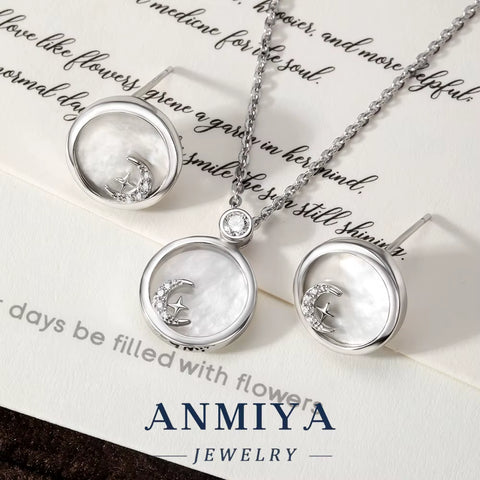 Classic Silver 925 Jewelry Set with White Shell Accents Circle Design and Star Moon Motif for Daily Accessories