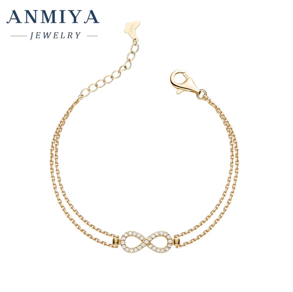 Fine Jewelry Elegant Gold Plated 925 Sterling Silver Double Layer Diamond Love Infinity Eternity Bracelet Woman