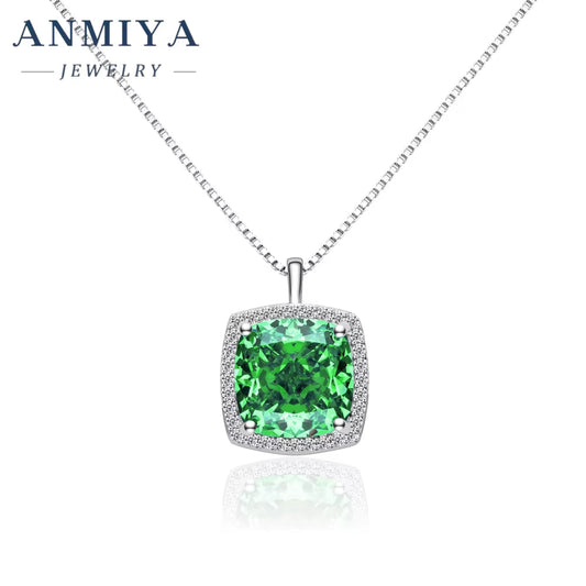 ANMIYA High Quality Green Zircon Cushion Cut Crafted 925 Sterling Silver Necklaces