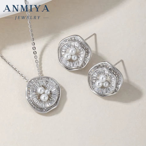 Fine Jewelry Freshwater Pearl 18K Gold Plated Zircon Flower Pendant Necklace Stud Earrings Jewelry Set for Women