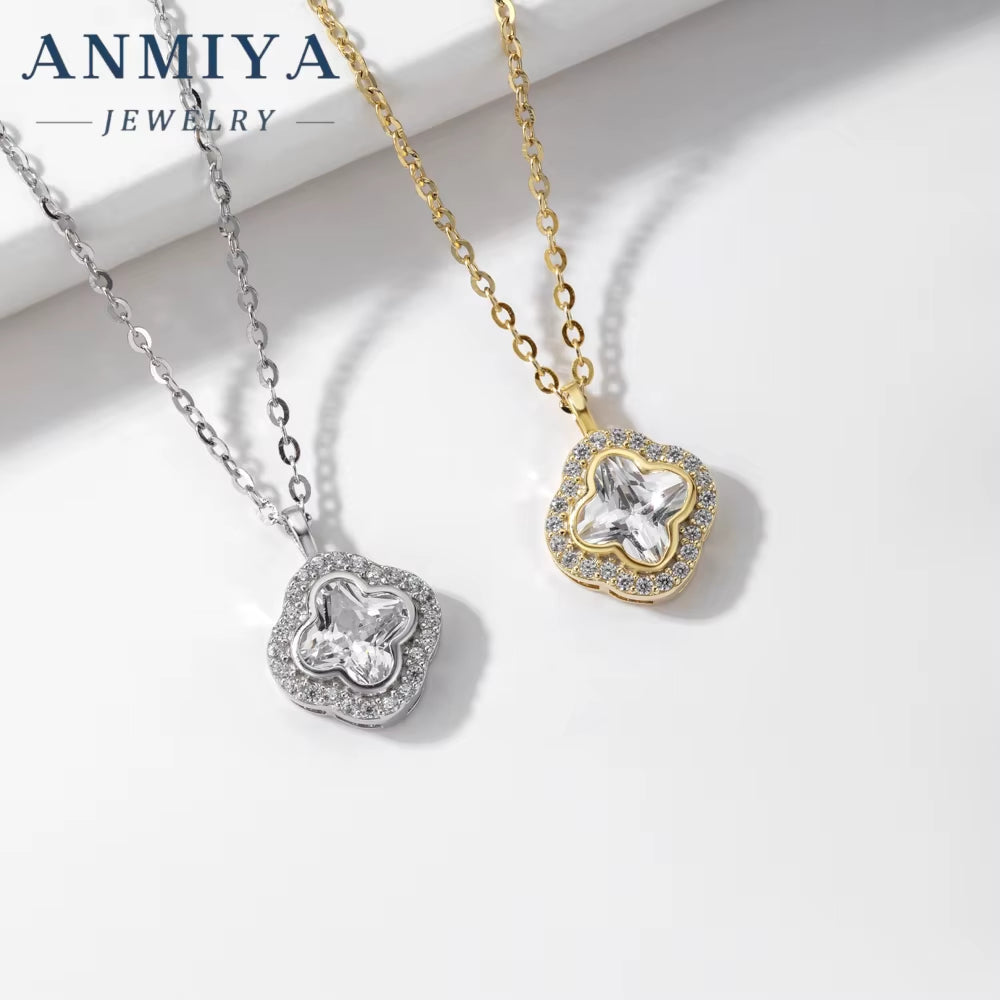 Luxury 925 Sterling Silver Clover Pendant Necklace for Women Square Zircon Link Chain Necklace for Parties Gifts
