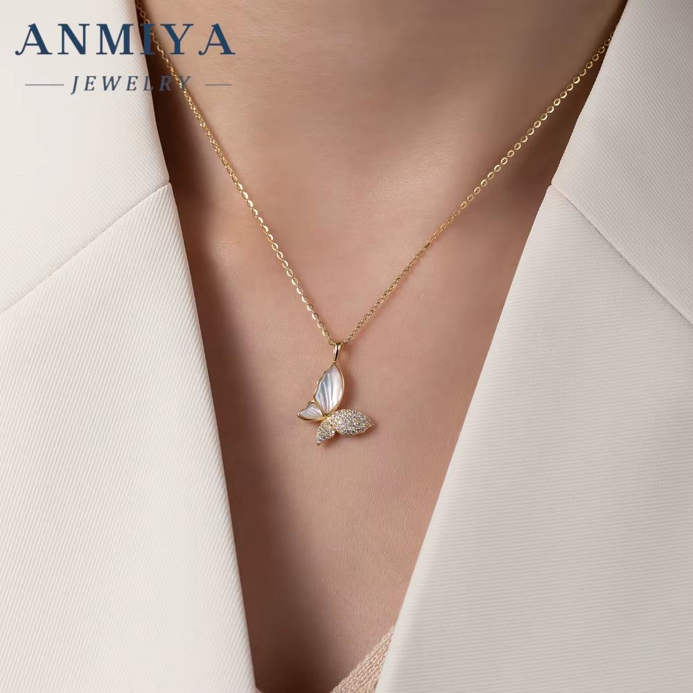 ANMIYA S925 Sterling Silver Zircon Butterfly Pendant Necklaces Jewelry for Women Gift