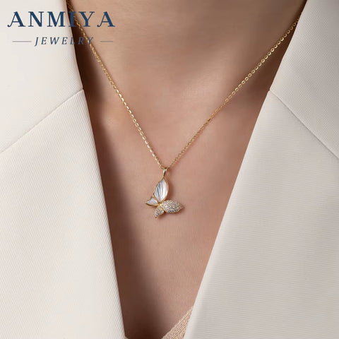 ANMIYA S925 Sterling Silver Zircon Butterfly Pendant Necklaces Jewelry for Women Gift