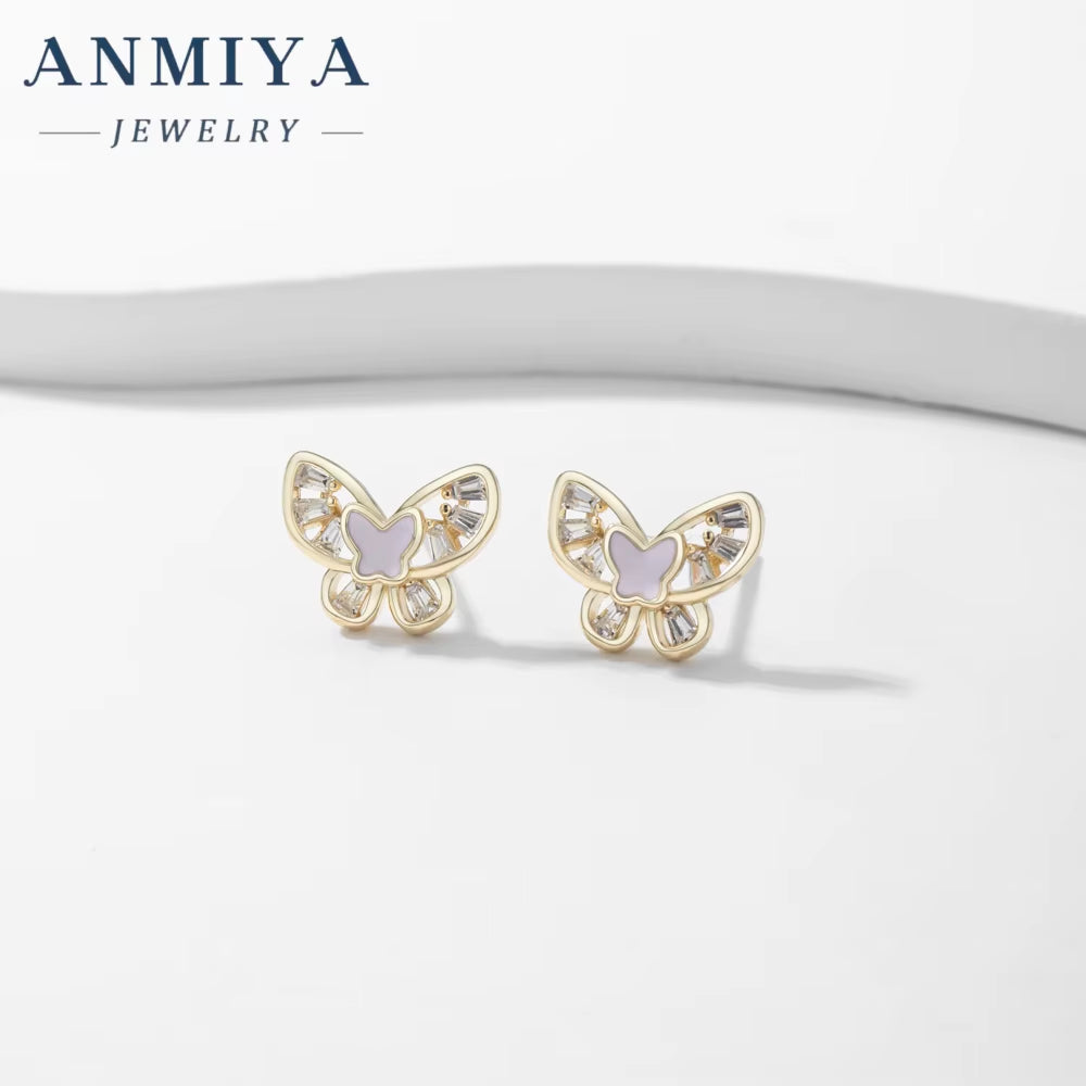 ANMIYA Pink Butterfly Piercing Earrings Silver 925 Pearl Zircon Stud Earrings for Women