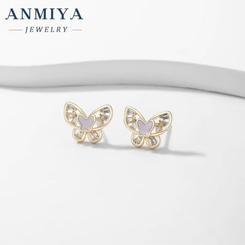 ANMIYA Pink Butterfly Piercing Earrings Silver 925 Pearl Zircon Stud Earrings for Women