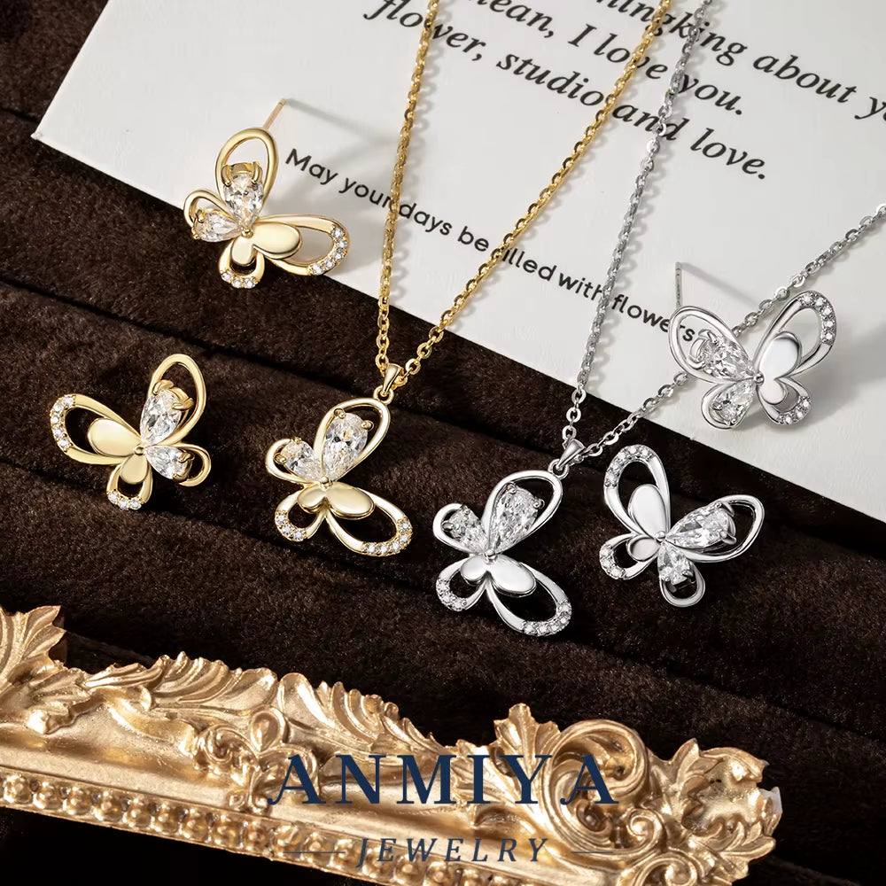 Romantic Butterfly Motif Silver 925 Set with Intricate Cutout Design Necklace and Earring Sets Lightweight Style for Daily