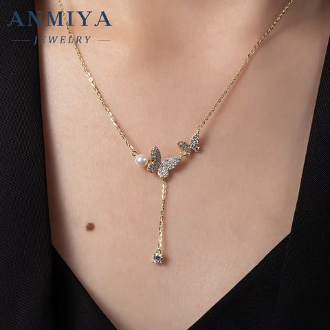 New Arrival Jewelry Natural Fresh Water Pearl Chocker Necklace Charm 18K Gold Chain Pearl Pendant Double Butterfly Necklace