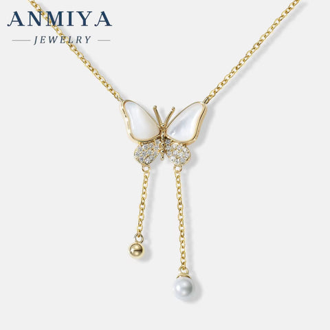ANMIYA 925 Silver Gold Plated Fringe Link Chain Necklace Butterfly Zircon White Shell Pendant Fashionable Party Occasions Women