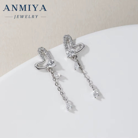 Popular 925 Silver Heart Long Tassel Zircon Rhinestone Earrings Stud Dangle Wedding Women Jewelry Earrings